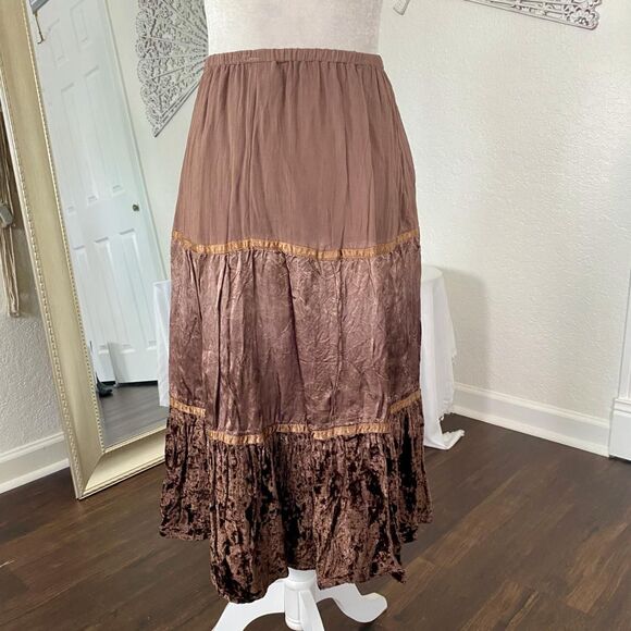 Ethereal Fairy Grunge Brown Tan Velvet Satin Flowy Midi Maxi Rayon Skirt S - Picture 3 of 6
